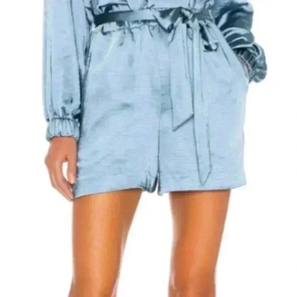 NWT L'Academie Carmen Satin and Belted  Short in Dusty Blue - Picture 1 of 8